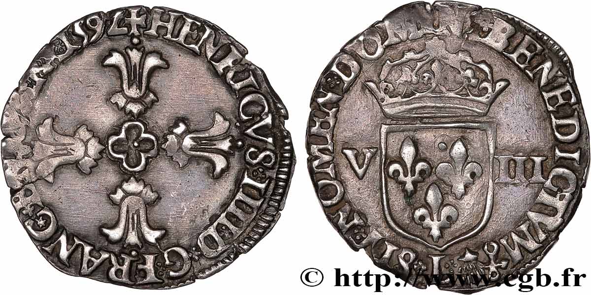 HENRI IV LE GRAND Huitième d écu, croix feuillue de face 1592 Bayonne TTB