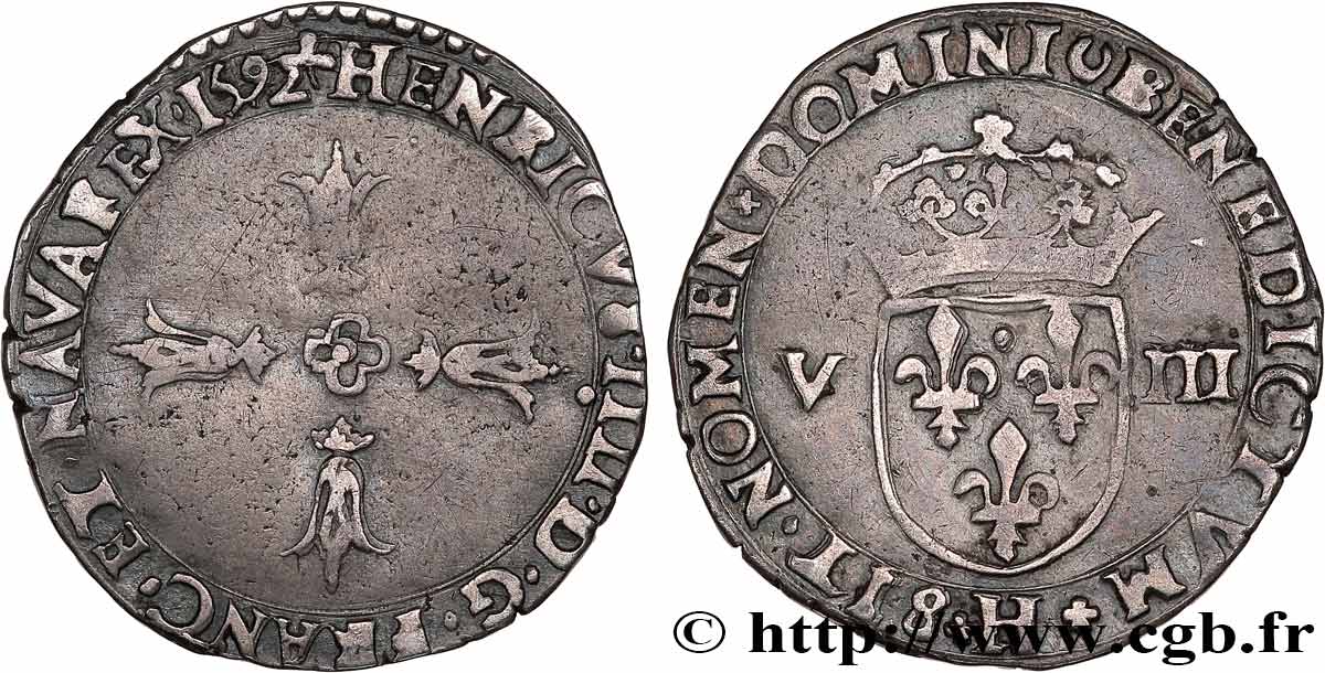 HENRI IV LE GRAND Huitième d&nbsp;écu, croix feuillue de face 1592 La Rochelle TTB