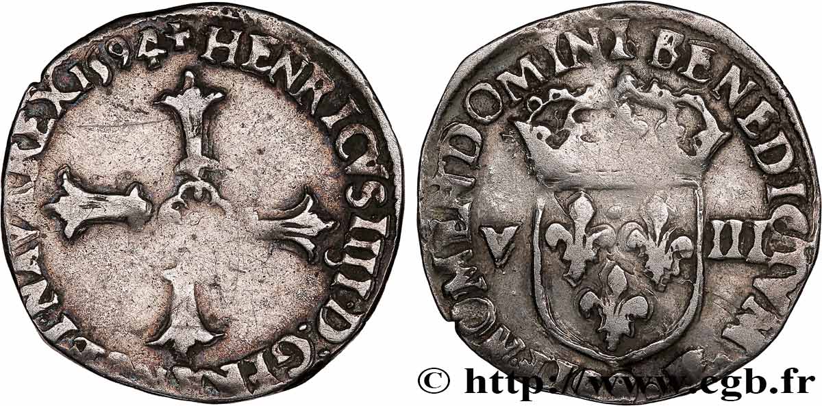 HENRI IV LE GRAND Huitième d écu, croix feuillue de face 1594 Rennes TB+
