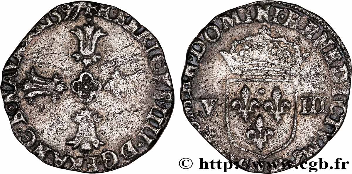 HENRI IV LE GRAND Huitième d écu, croix feuillue de face 1597 Bayonne TB+/TTB
