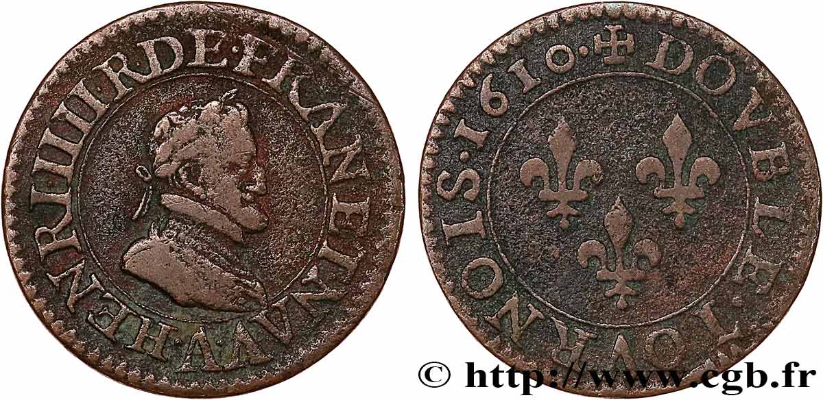 HENRY IV Double tournois, 2e type de Paris (légende française) 1610 Paris, Moulin des Étuves VF