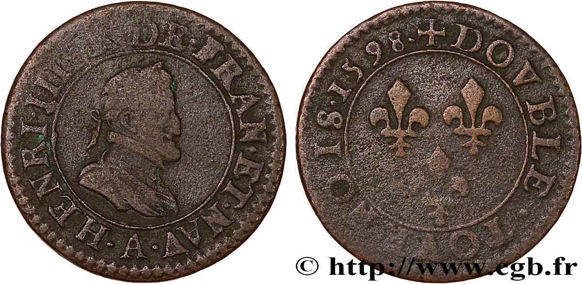 HENRI IV LE GRAND Double tournois, 2e type de Paris (légende française) 1598 Paris, Moulin des Étuves TB+