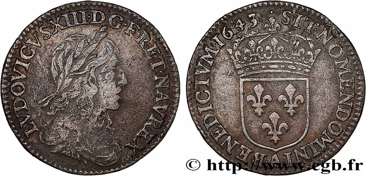 LOUIS XIII LE JUSTE Douzième d écu, buste drapé et cuirassé (2e buste de Jean Warin) 1643 Paris, Monnaie du Louvre TB+/TTB