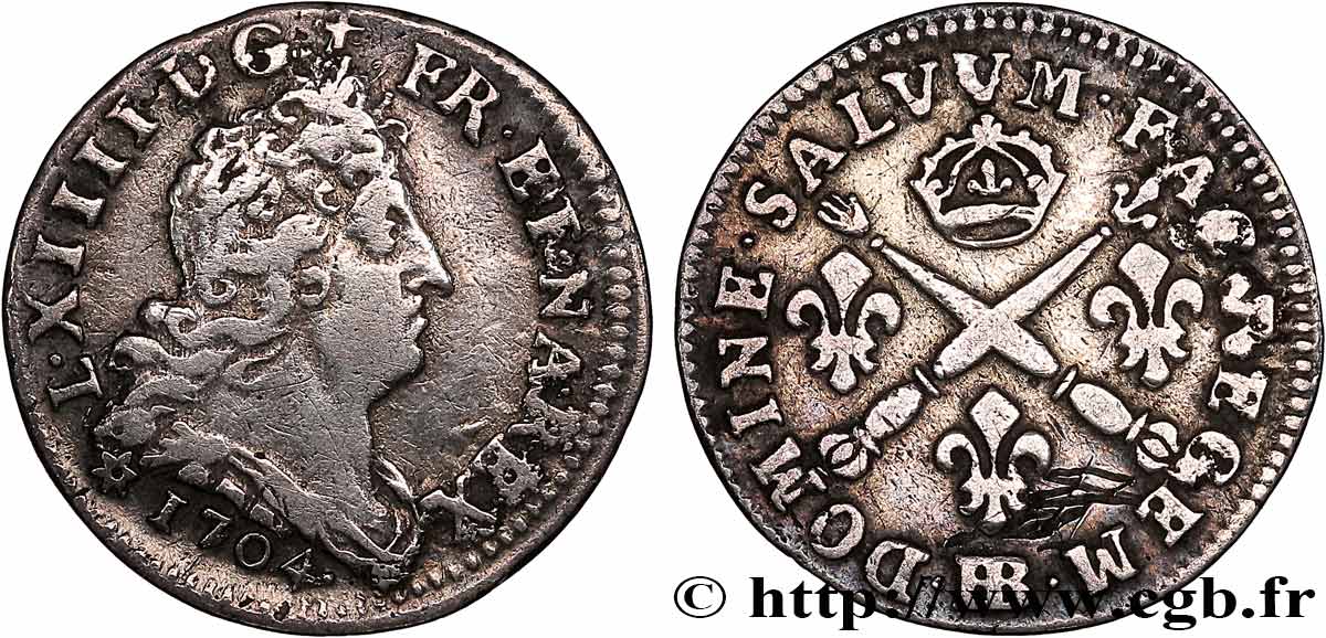 LOUIS XIV LE GRAND OU LE ROI SOLEIL Cinq sols aux insignes 1704 Strasbourg TTB