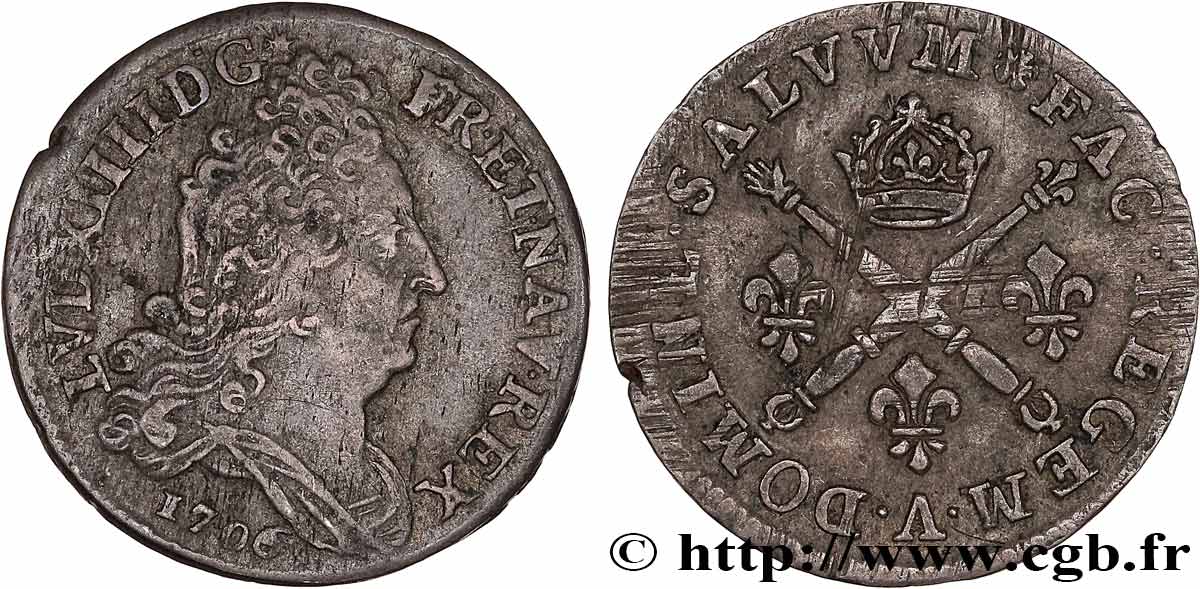 LOUIS XIV LE GRAND OU LE ROI SOLEIL 10 sols aux insignes 1706 Paris TB+