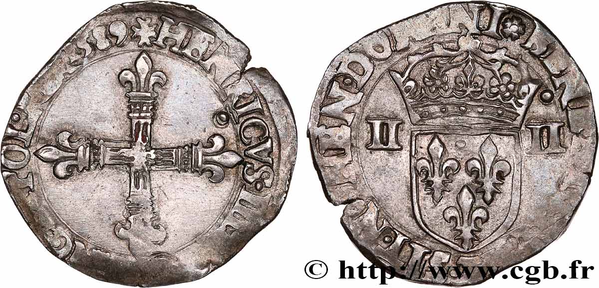 HENRI III Quart d&nbsp;écu, croix de face 1589 Nantes TB+