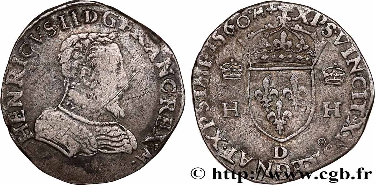 FRANCIS II. COINAGE AT THE NAME OF HENRY II Teston à la tête nue, 1er type 1560 Lyon fSS/SS