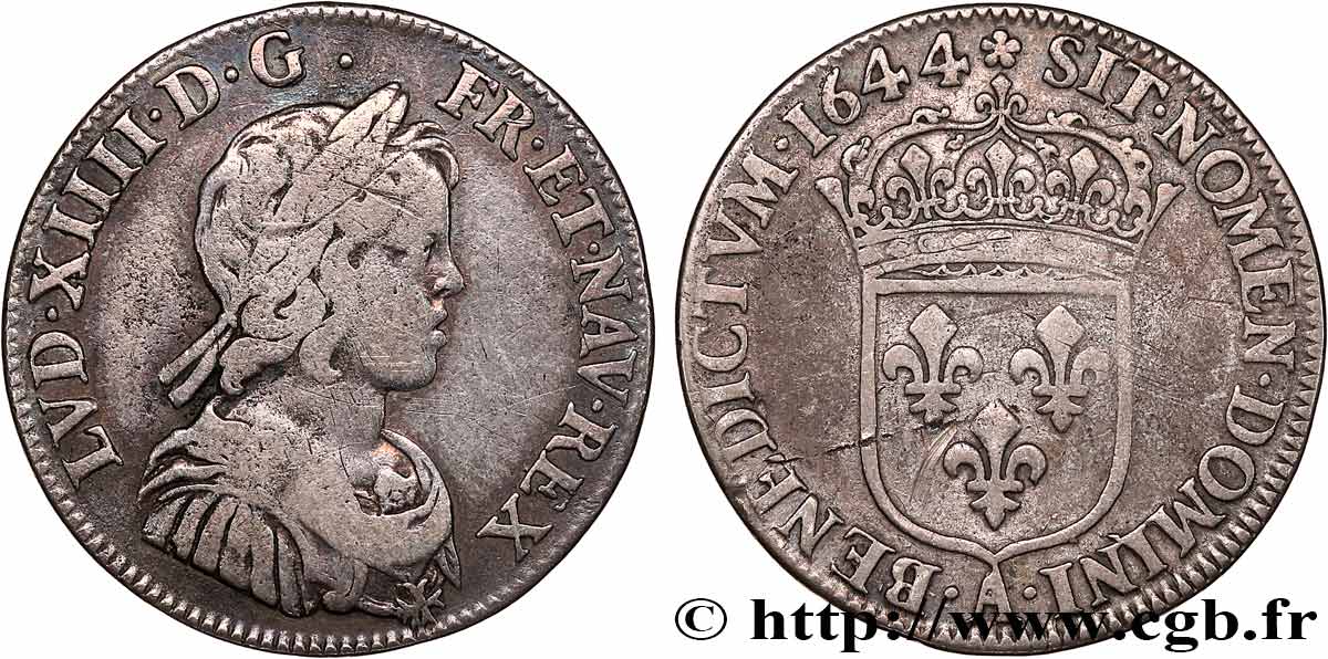 LOUIS XIV  THE SUN KING  Quart d écu, portrait à la mèche courte 1644 Paris, Monnaie de Matignon BB
