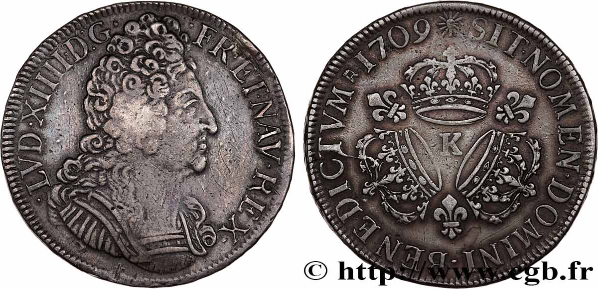 LOUIS XIV LE GRAND OU LE ROI SOLEIL Écu aux trois couronnes 1709 Bordeaux TTB