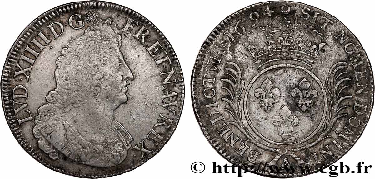 LOUIS XIV LE GRAND OU LE ROI SOLEIL Écu aux palmes 1694 Paris TB+