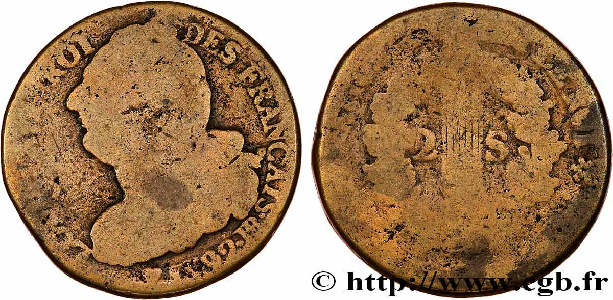 LOUIS XVI (MONARQUE CONSTITUTIONNEL)  2 sols dit  au faisceau , type FRANÇAIS 1792 Strasbourg B