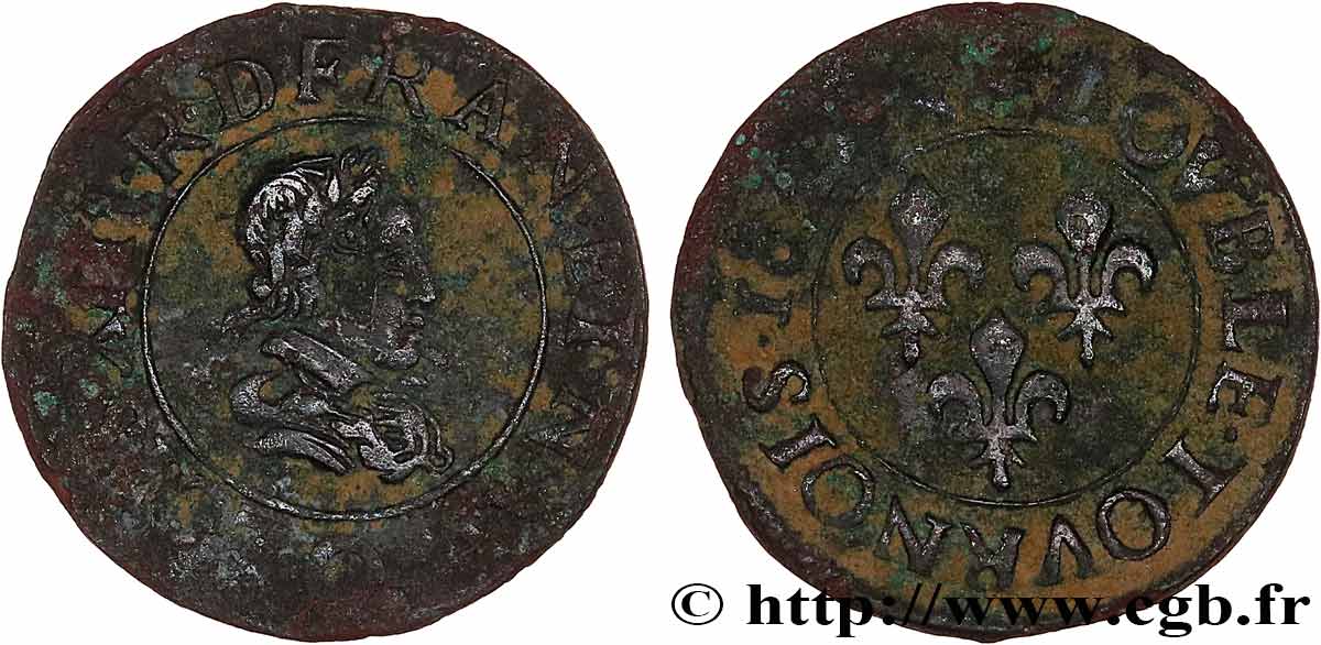 LOUIS XIII  Double tournois, type 3 1624 Riom VF