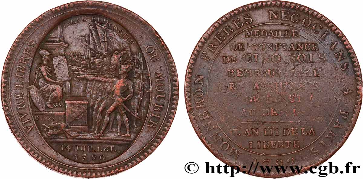REVOLUTION COINAGE Monneron de 5 sols au serment (An IV), 3e type 1792 Birmingham, Soho VF