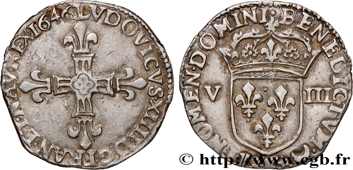 LOUIS XIV  THE SUN KING  Huitième d écu, titulature côté croix 1646 Bordeaux XF/AU