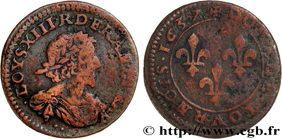 LOUIS XIII LE JUSTE Double tournois au grand buste viril drapé 1637 Ateliers de l’axe Loire-Rhône TB