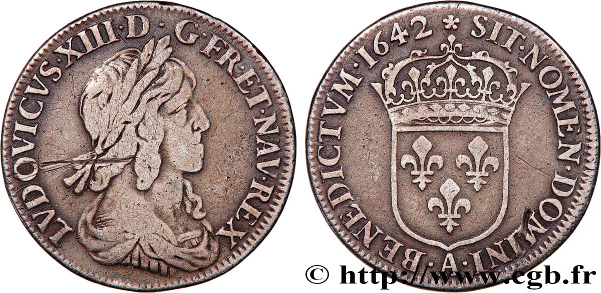LOUIS XIII LE JUSTE Quart d écu d argent, 3e type, 2e poinçon de Warin 1642 Paris, Monnaie de Matignon TB+/TTB