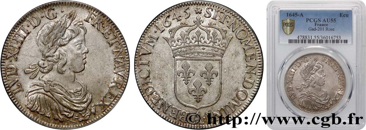 LOUIS XIV  THE SUN KING  Écu, portrait à la mèche courte 1645 Paris, Monnaie de Matignon AU55