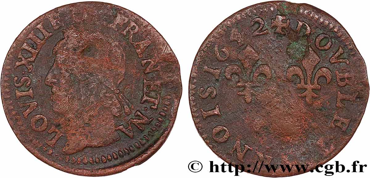 LOUIS XIII  Double tournois, type de Warin 1642 s.l. BC+