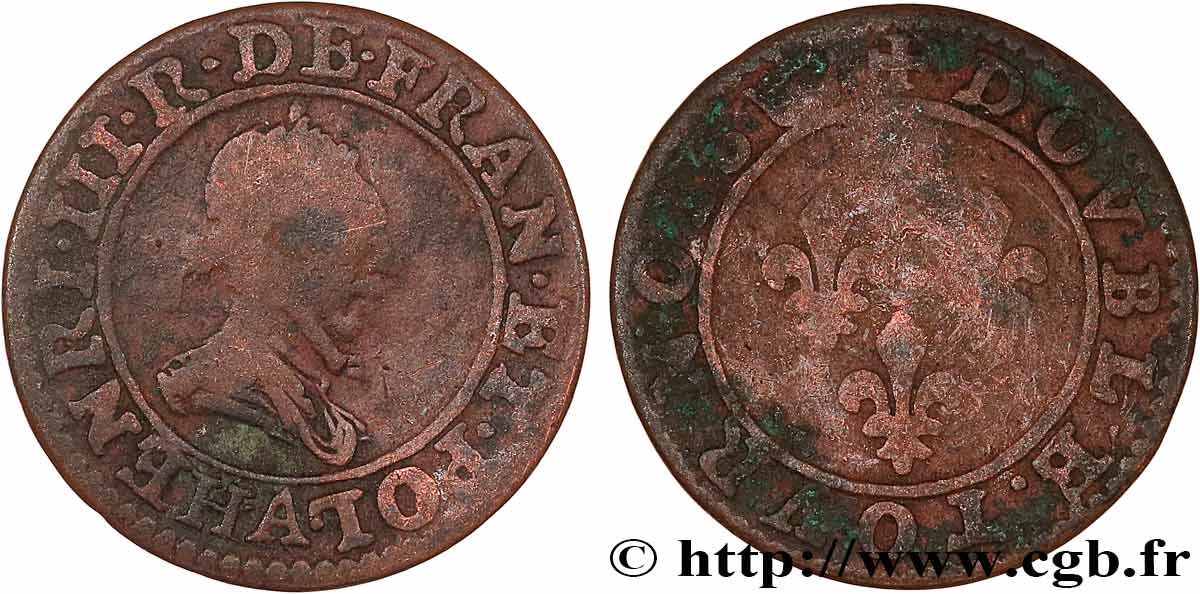 HENRI III Double tournois, 2e type de Paris, frappé au moulin n.d. Paris TB
