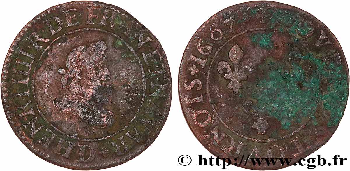 HENRI IV LE GRAND Double tournois, 1er type 1607 Lyon TB+