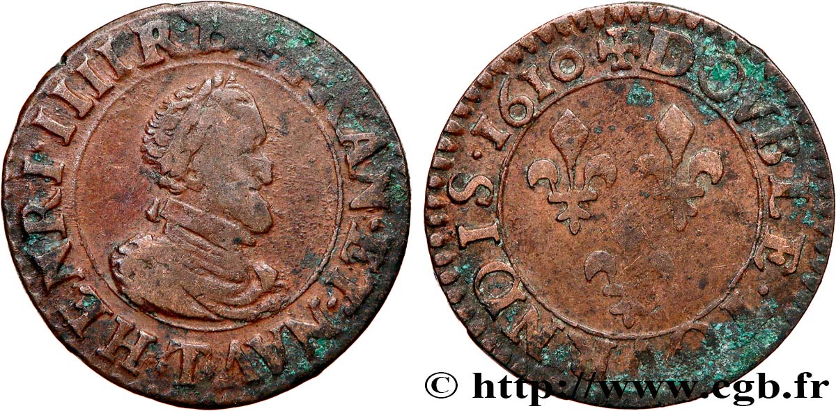 HENRI IV LE GRAND Double tournois, type de Nantes 1610 Nantes TB+