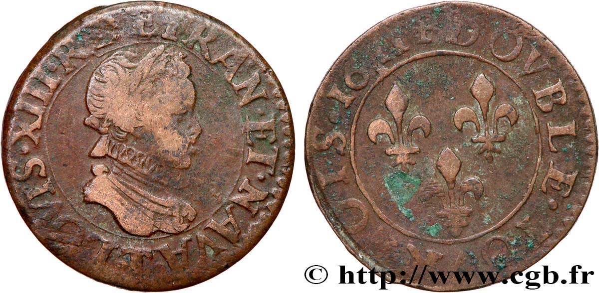 LOUIS XIII LE JUSTE Double tournois 1611 Nantes TB+