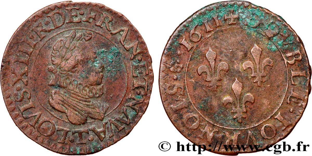 LOUIS XIII  Double tournois 1611 Nantes VF