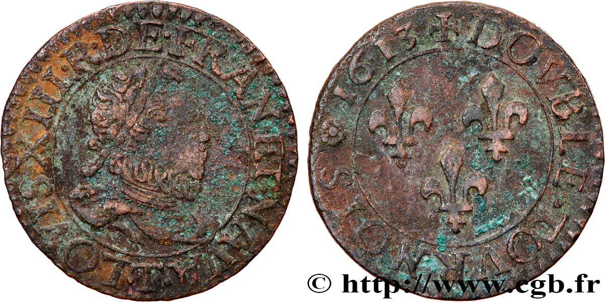 LOUIS XIII  Double tournois, type 1 1613 Nantes VF