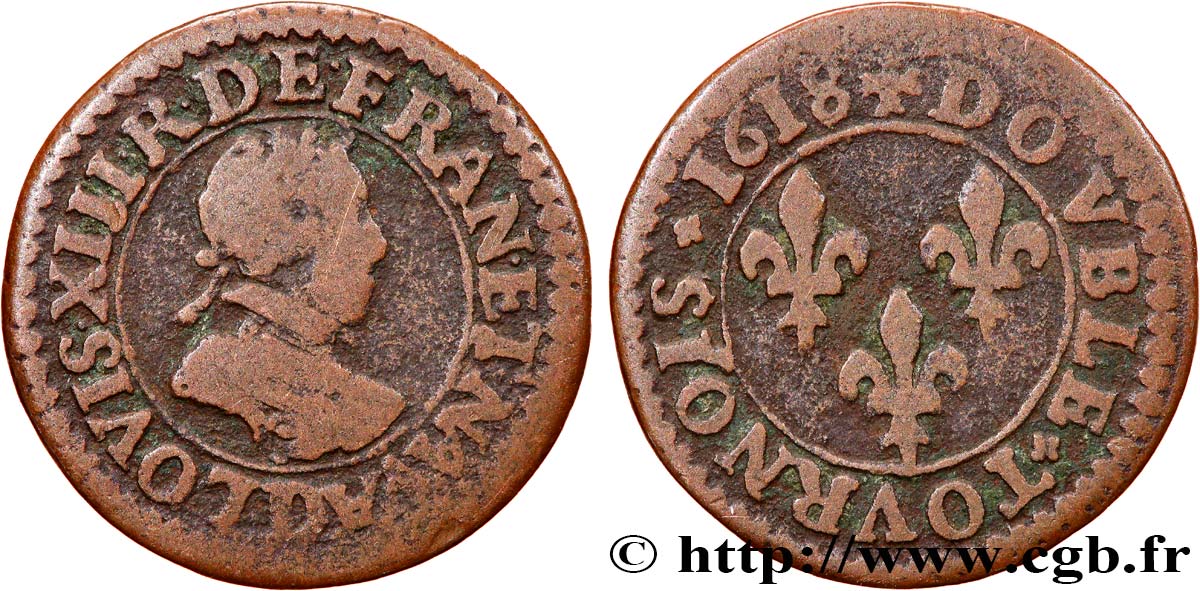 LOUIS XIII LE JUSTE Double tournois, type 4 1618 Lyon TB
