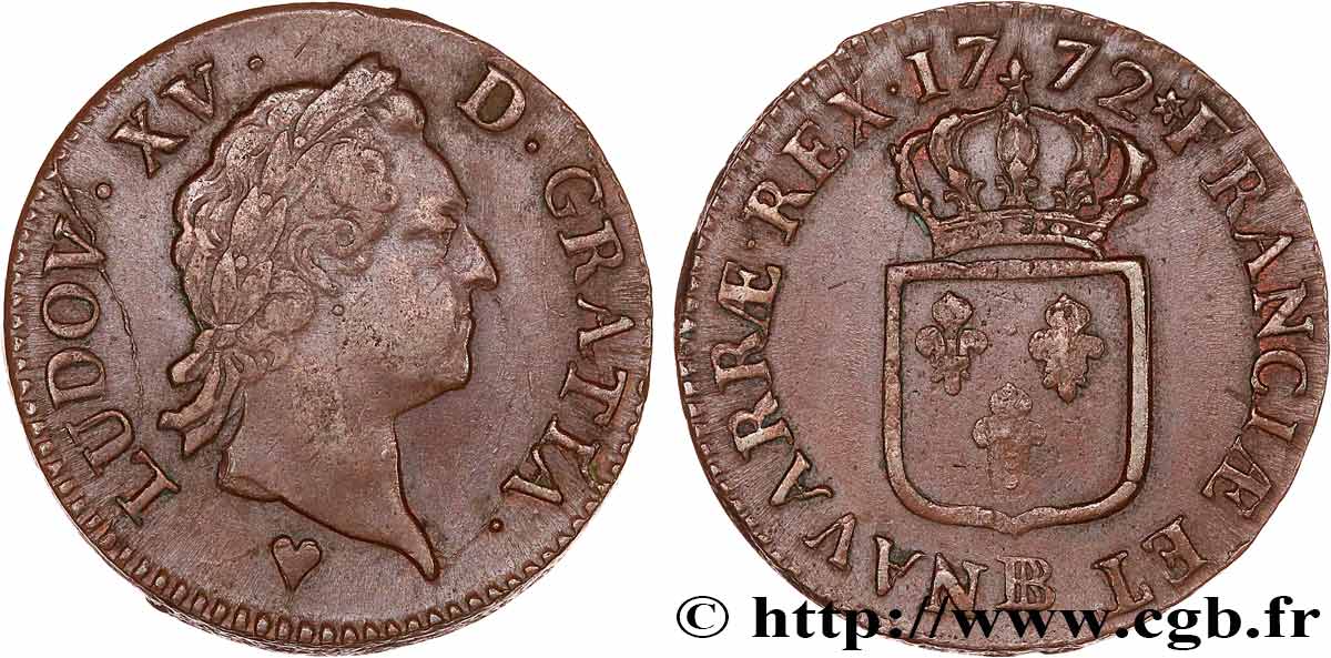 LOUIS XV DIT LE BIEN AIMÉ Sol dit &nbsp;à la vieille tête&nbsp; 1772 Strasbourg TTB+