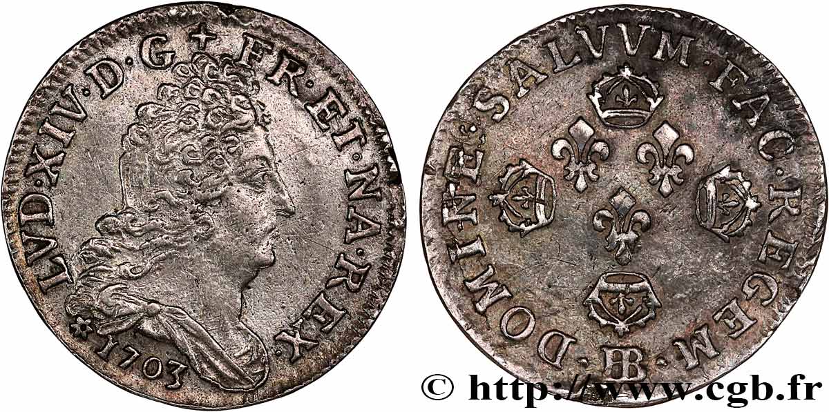 LOUIS XIV  THE SUN KING  Dix sols aux quatre couronnes 1703 Strasbourg fVZ