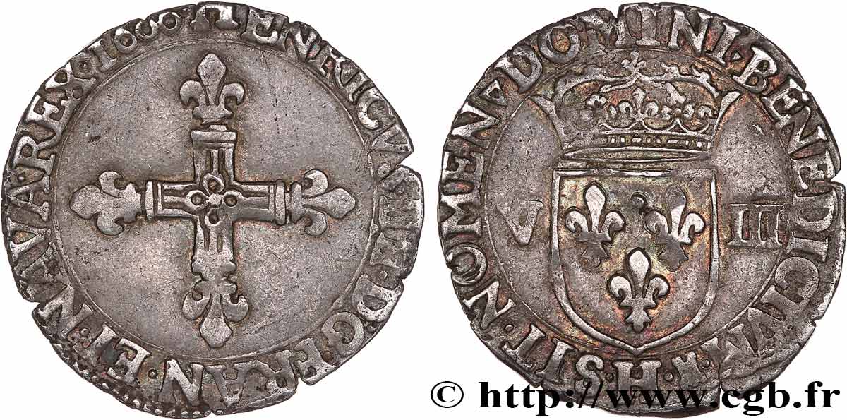 HENRY IV Huitième d écu, croix bâtonnée et fleurdelisée de face 1608 La Rochelle MBC