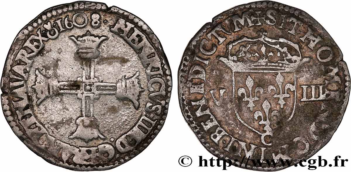 HENRI IV LE GRAND Huitième d écu, croix batonnée et couronnée de face 1608 Saint-Lô TTB
