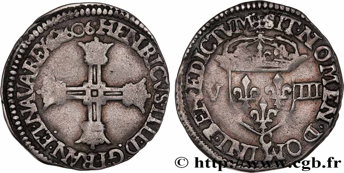 HENRI IV LE GRAND Huitième d écu, croix batonnée et couronnée de face 1606 Saint-Lô TB+