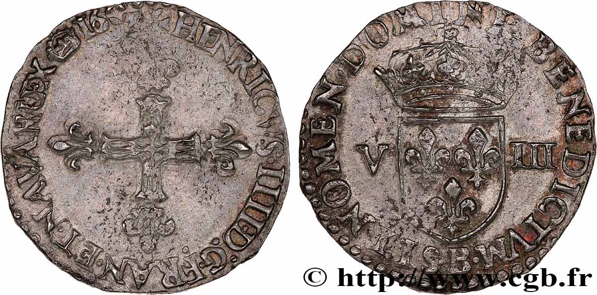HENRI IV LE GRAND Huitième d écu, croix bâtonnée et fleurdelisée de face 160[?] Rouen TTB