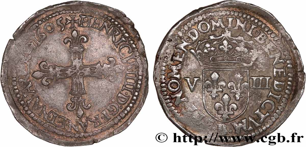 HENRI IV LE GRAND Huitième d écu, croix bâtonnée et fleurdelisée de face 1605 Rouen TTB
