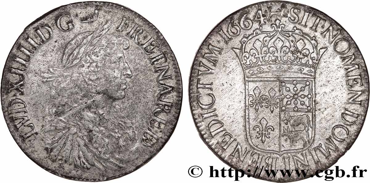 LOUIS XIV LE GRAND OU LE ROI SOLEIL Écu de Béarn, portrait apollinien 1664 Pau TB+/TTB+