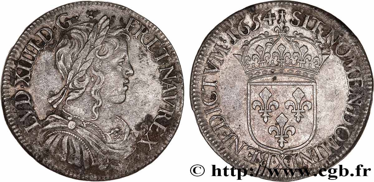 LOUIS XIV LE GRAND OU LE ROI SOLEIL Demi-écu, portrait à la mèche longue 1654 Amiens TTB