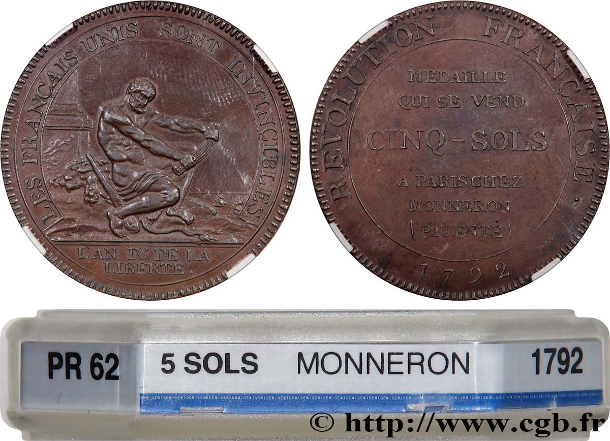REVOLUTION COINAGE Monneron de 5 sols à l Hercule (Proof) 1792  MS62