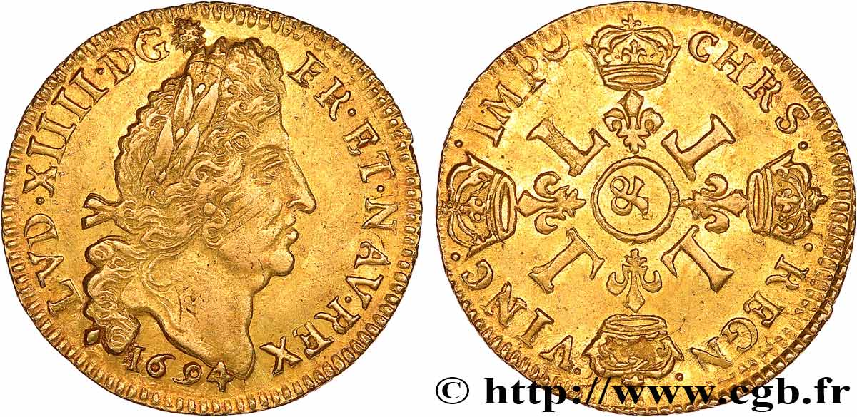 LOUIS XIV LE GRAND OU LE ROI SOLEIL Louis d or aux quatre L 1694 Aix-en-Provence TTB+