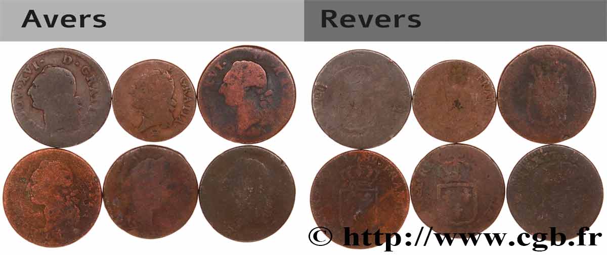 LOUIS XVI Sols dits &nbsp;à l&nbsp;écu&nbsp;, lot de 6 ex. n.d. Ateliers divers lot
