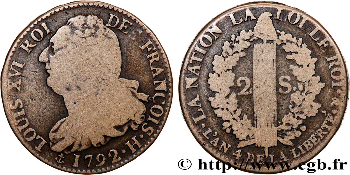 LOUIS XVI 2 sols dit  au faisceau , type FRANÇOIS 1792 La Rochelle fSS