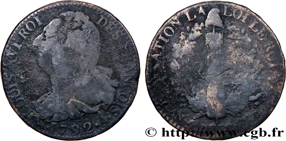LOUIS XVI (MONARQUE CONSTITUTIONNEL)  2 sols dit &nbsp;au faisceau&nbsp;, type FRANÇOIS 1792 Paris TB