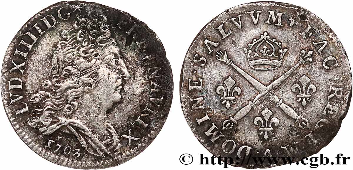 LOUIS XIV LE GRAND OU LE ROI SOLEIL 10 sols aux insignes 1703 Paris TTB