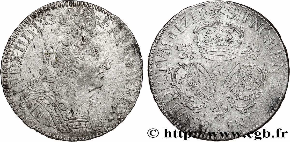 LOUIS XIV  THE SUN KING  Écu aux trois couronnes 1711 Poitiers SS/fVZ