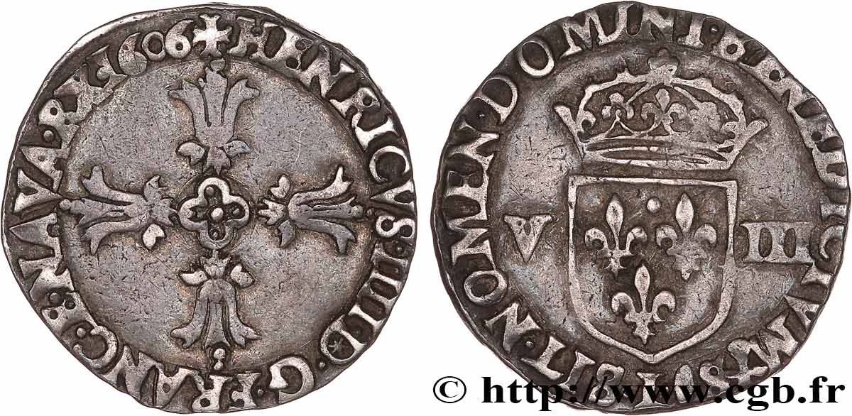 HENRI IV LE GRAND Huitième d&nbsp;écu, croix feuillue de face 1606 Bayonne TTB
