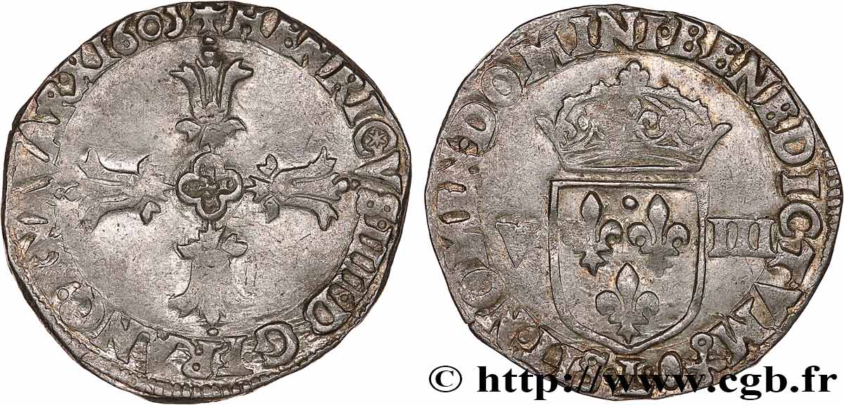 HENRI IV LE GRAND Huitième d écu, croix feuillue de face 1605 Bayonne TTB