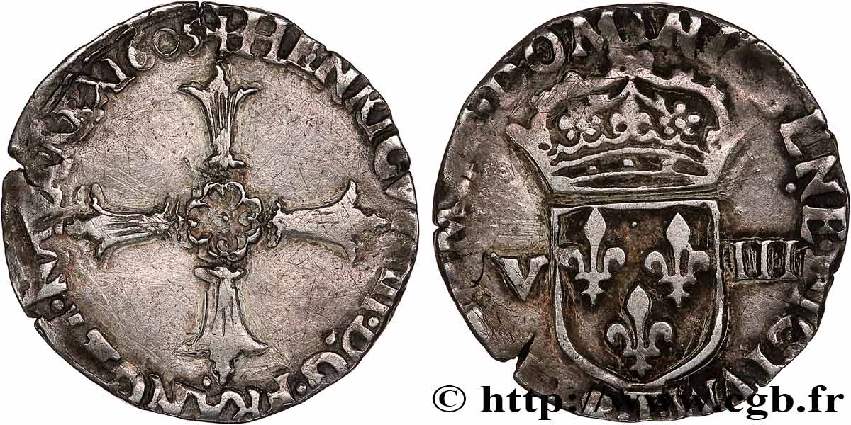 HENRI IV LE GRAND Huitième d écu, croix feuillue de face 1605 Nantes TTB