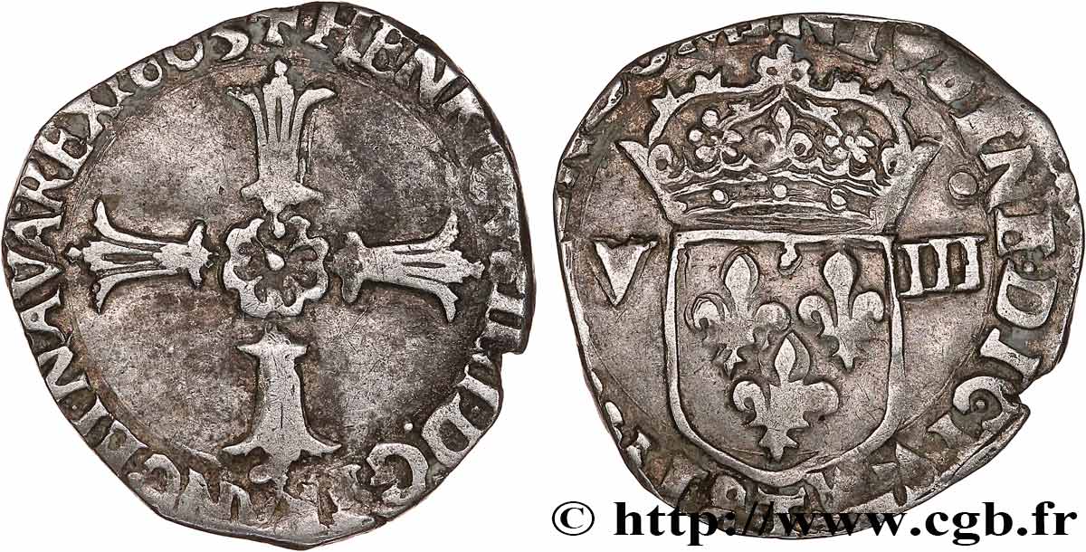 HENRI IV LE GRAND Huitième d écu, croix feuillue de face 1603 Nantes TB+