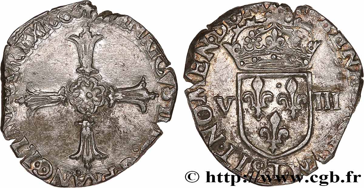 HENRI IV LE GRAND Huitième d écu, croix feuillue de face 1606 Nantes TB+